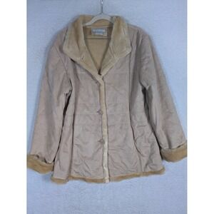 Dressbarn Faux Suede Coat Women's M Tan Faux Fur Trim Button Front Penny Lane